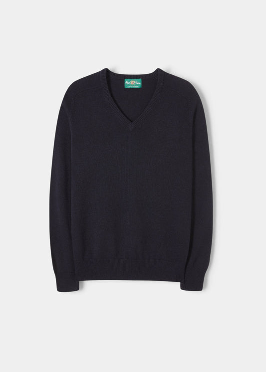 Alan Paine dark navy v-neck cashmere jumper with saddle shoulder detailing and ribbed hem and cuffs