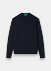 Alan Paine dark navy v-neck jumper in a soft pima cotton and cashmere blend with ribbed hem and cuffs.
