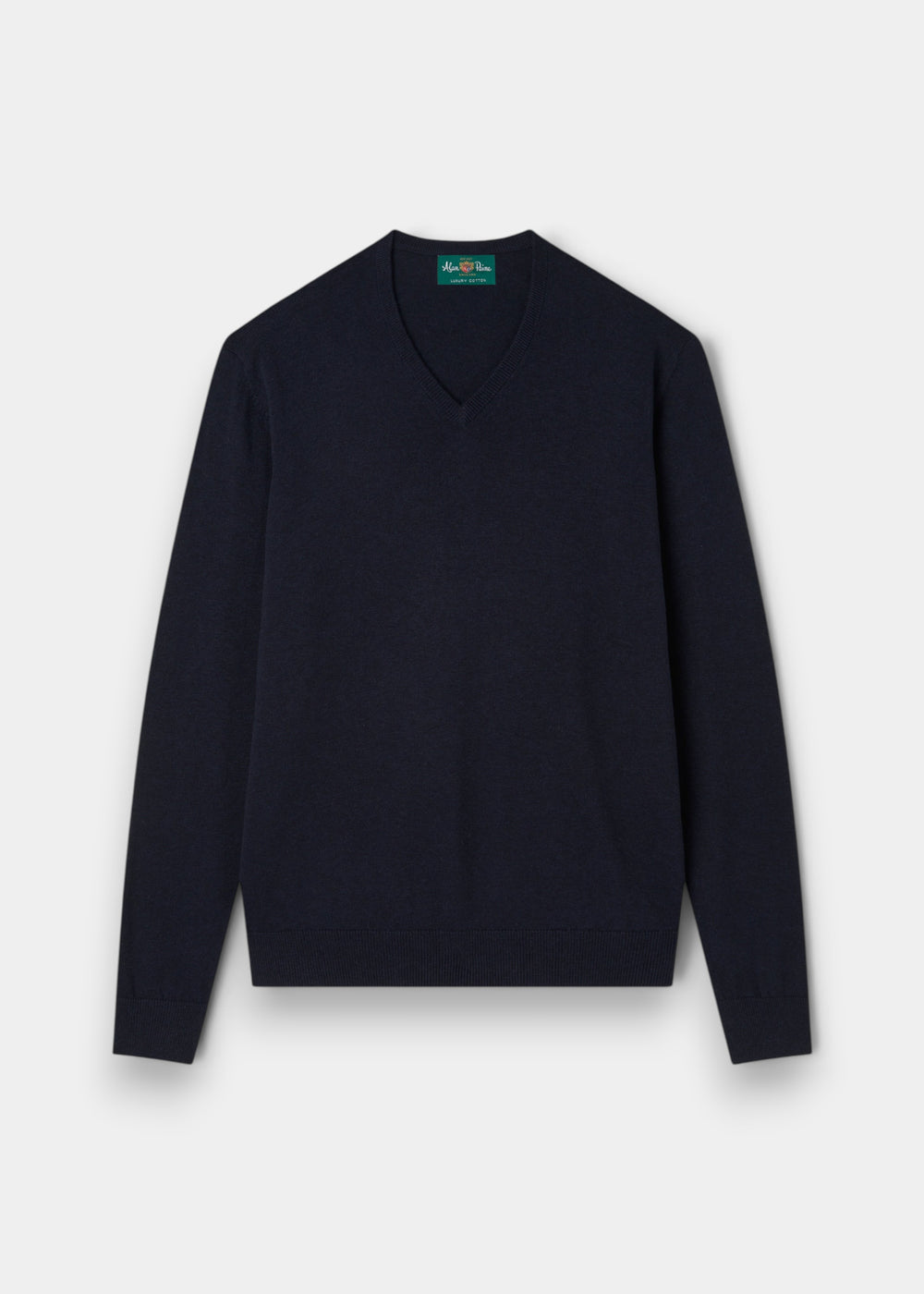 Alan Paine dark navy v-neck jumper in a soft pima cotton and cashmere blend with ribbed hem and cuffs.