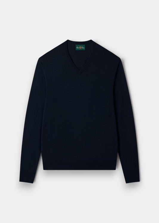 Alan Paine Millbreck dark navy V-neck jumper in fine Italian merino wool with ribbed hem and cuffs