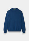 Alan Paine Melfort crew neck jumper in denim blue 100% cashmere with ribbed hem and cuffs in a regular fit