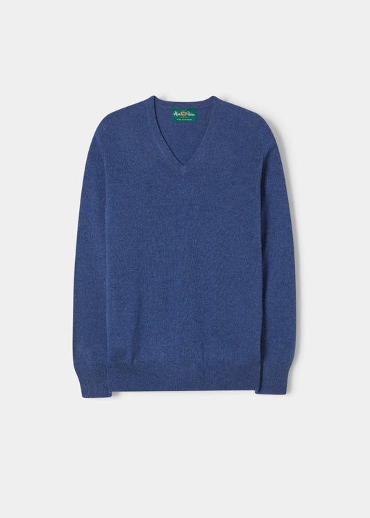 Alan Paine Haddington denim blue v-neck jumper in 100% cashmere with ribbed hem and cuffs.