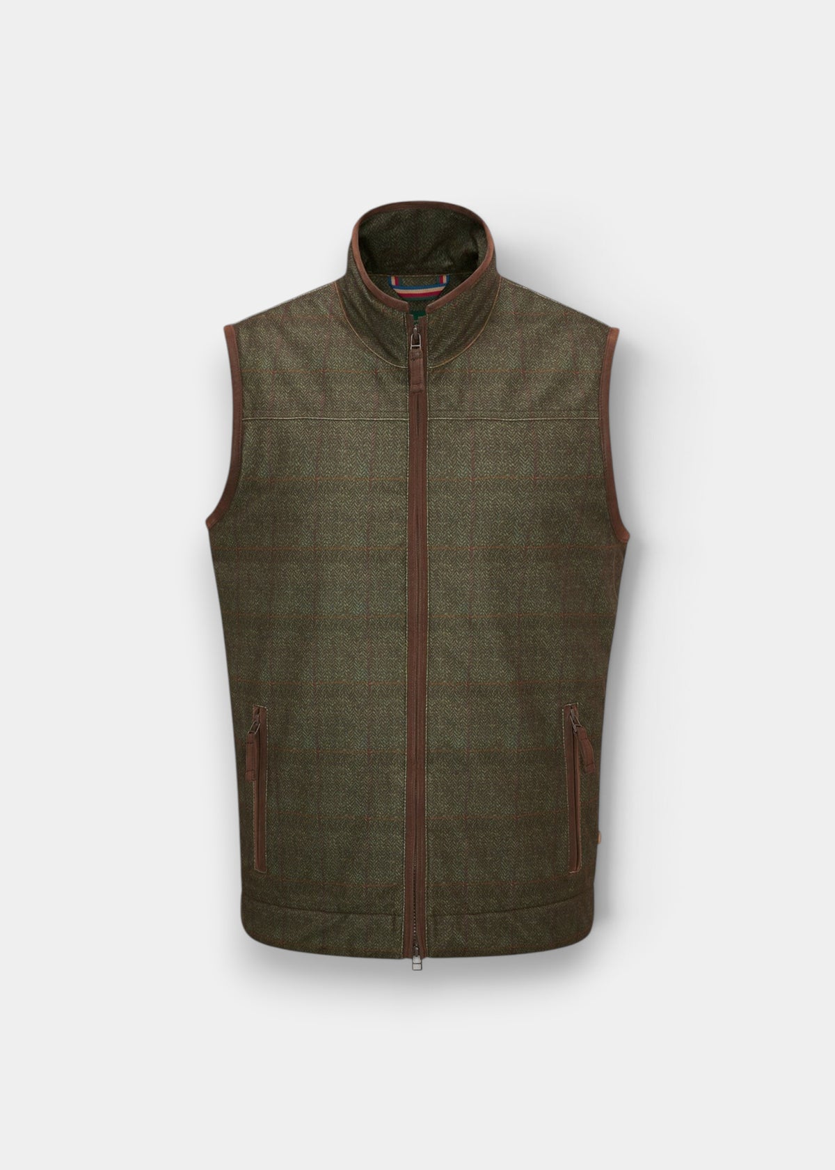 Didsmere Men’s Technical Tweed Effect Gilet in Elon, regular fit, green plaid with brown trim and zip pockets.