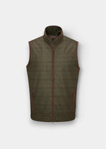 Didsmere Men’s Technical Tweed Effect Gilet in Elon, regular fit, green plaid with brown trim and zip pockets.