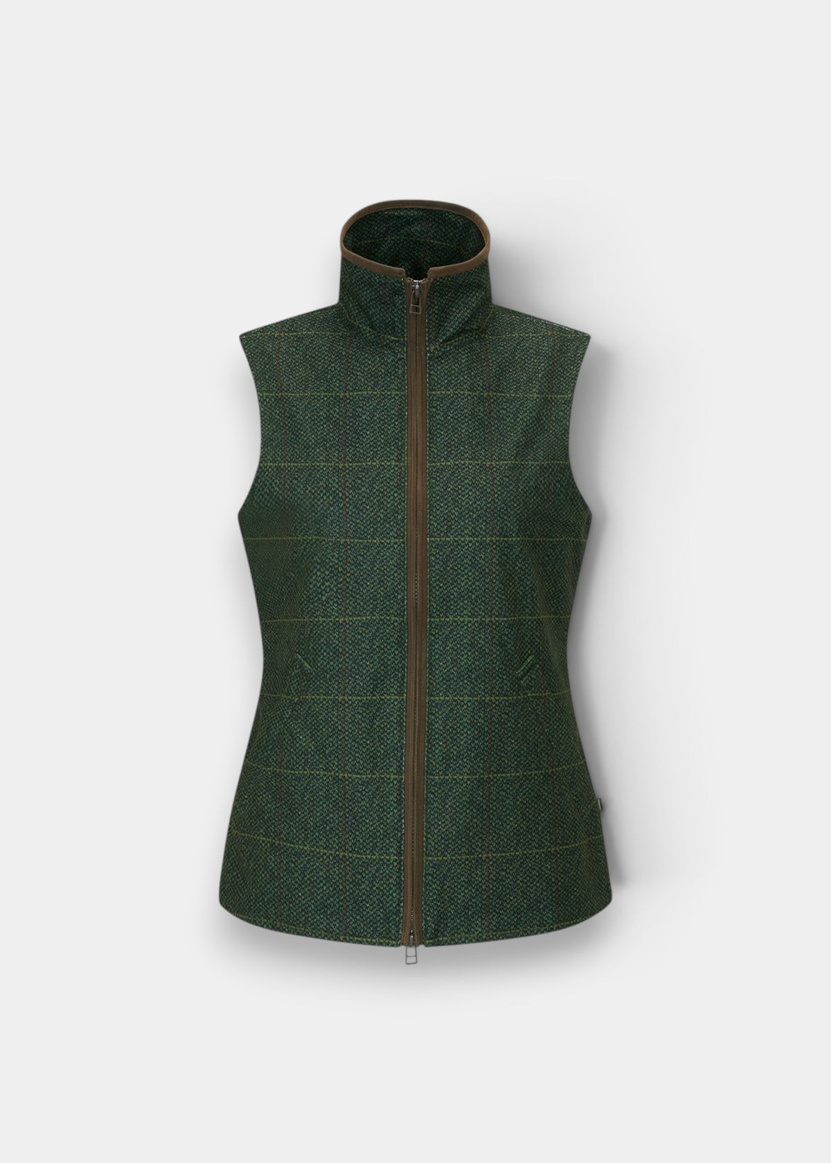 Didsmere Ladies Technical Tweed Gilet in Myrtle, regular fit, sleeveless with high collar and front zip, shown on white.