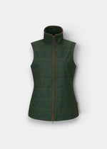 Didsmere Ladies Technical Tweed Gilet in Myrtle, regular fit, sleeveless with high collar and front zip, shown on white.