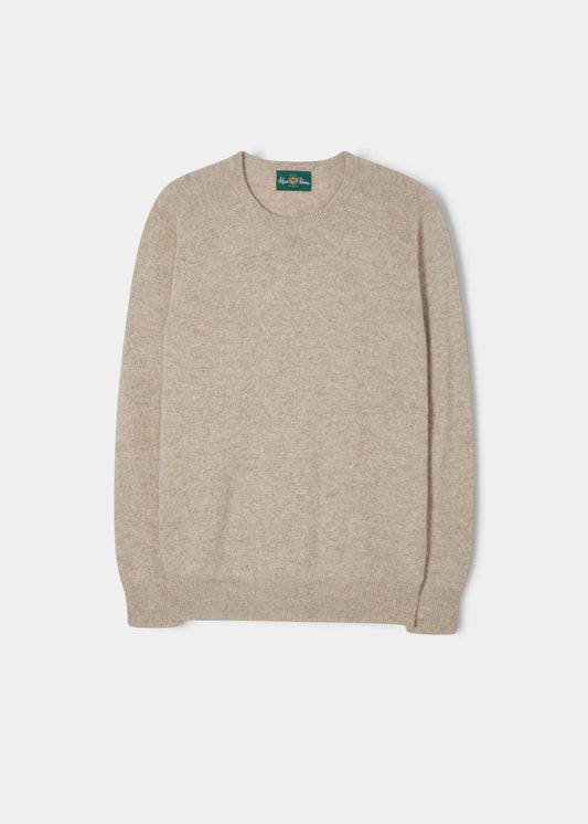 Alan Paine Dorset men's crew neck jumper in cobble beige lambswool with a classic fit and saddle shoulder design.