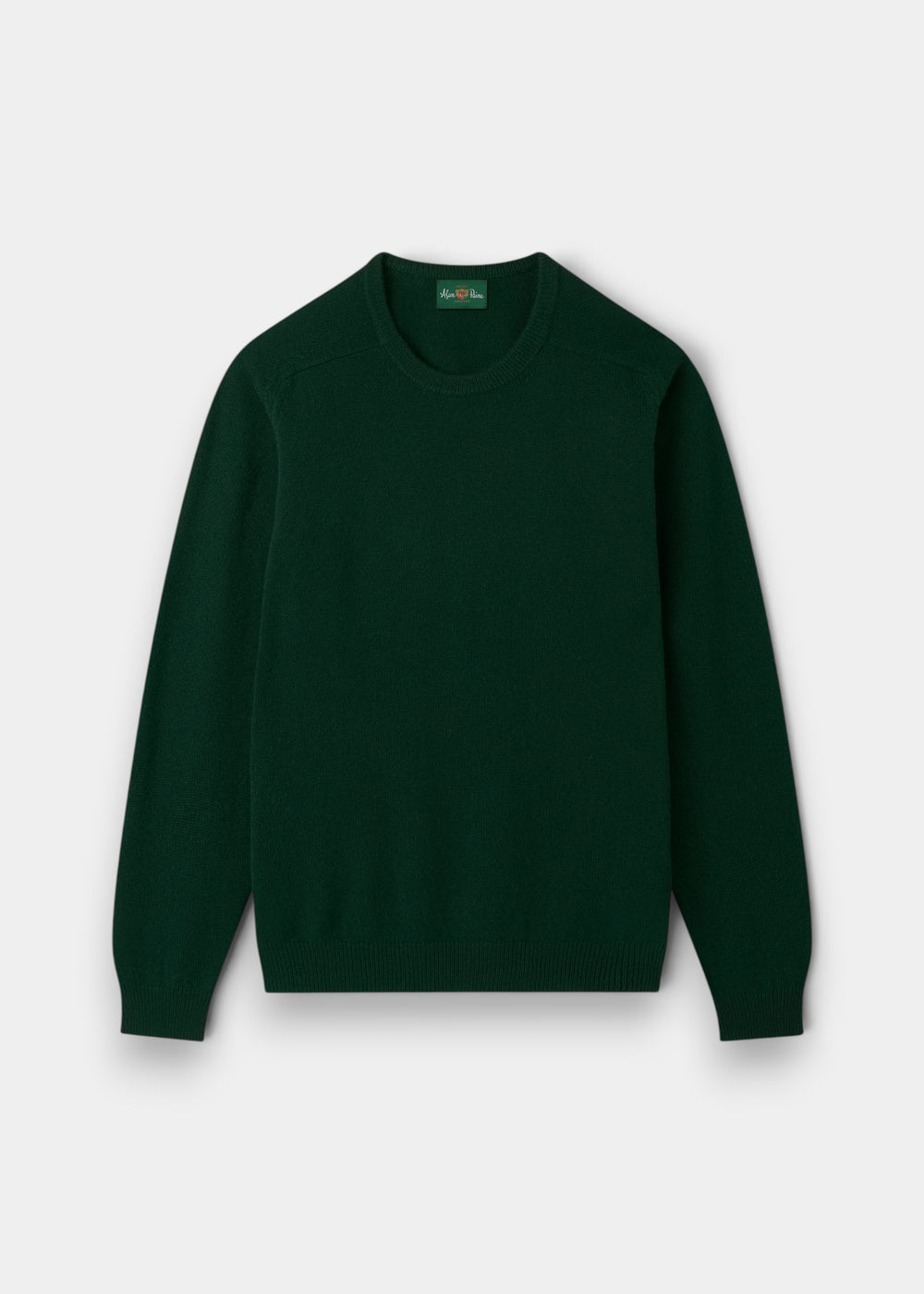 Dorset Lambswool Crew Neck Jumper in Tartan Green, classic fit, with ribbed cuffs and hem, laid on white background.