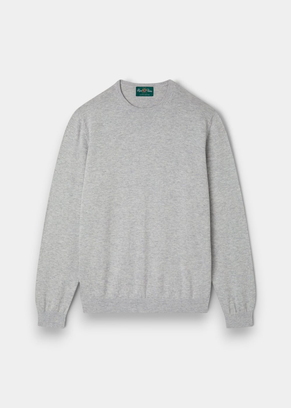 Alan Paine Leysmill dove grey crew neck jumper in a soft Pima cotton and cashmere blend with ribbed cuffs and hem.