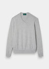 Alan Paine Rothwell dove grey v-neck jumper in a soft Pima cotton and cashmere blend with ribbed cuffs and hem.