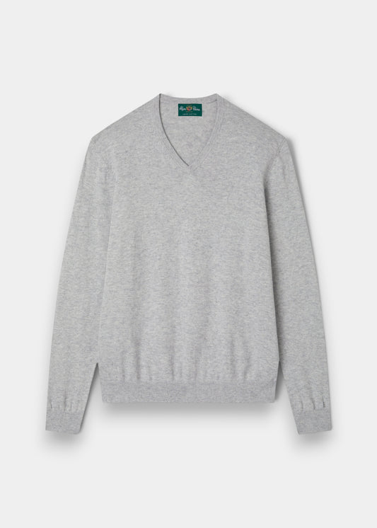 Alan Paine Rothwell dove grey v-neck jumper in a soft Pima cotton and cashmere blend with ribbed cuffs and hem.