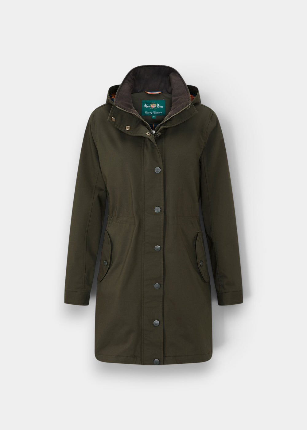 Dunswell Ladies Jacket in Olive with hood, buttons, and pockets displayed on a plain white background.