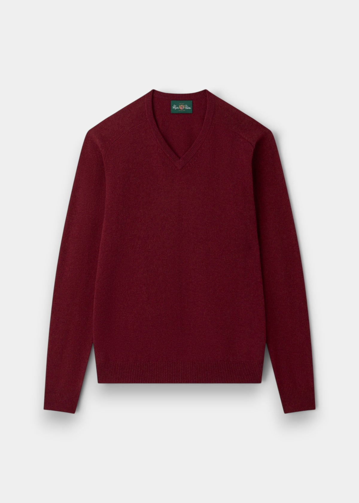 Kilsyth Lambswool V-Neck Jumper in Garnet, regular fit, long sleeves, ribbed cuffs & hem, shown flat on gray.
