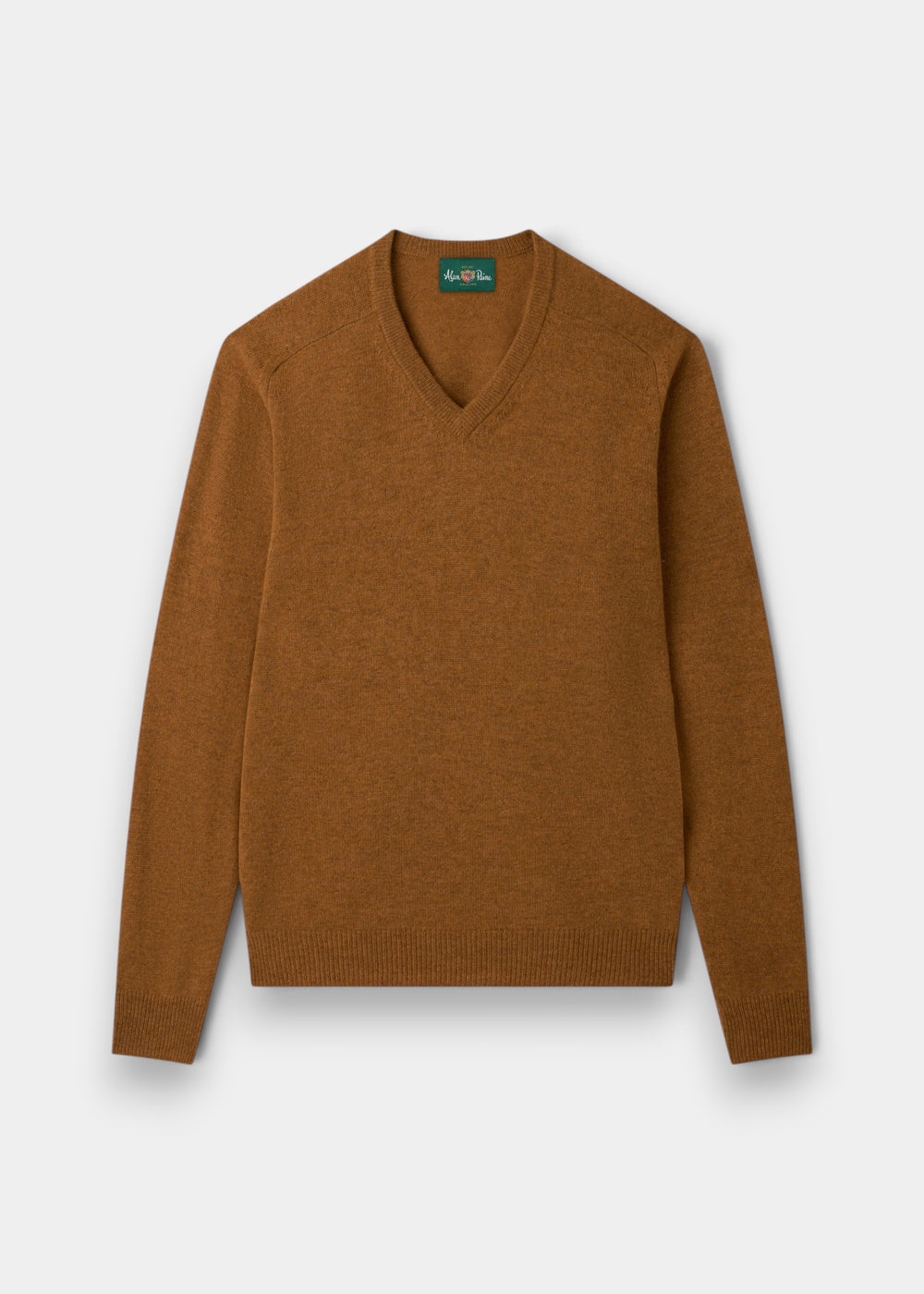 Kilsyth Lambswool V-Neck Jumper in Gazelle, regular fit, made in England, shown flat on a light grey background.