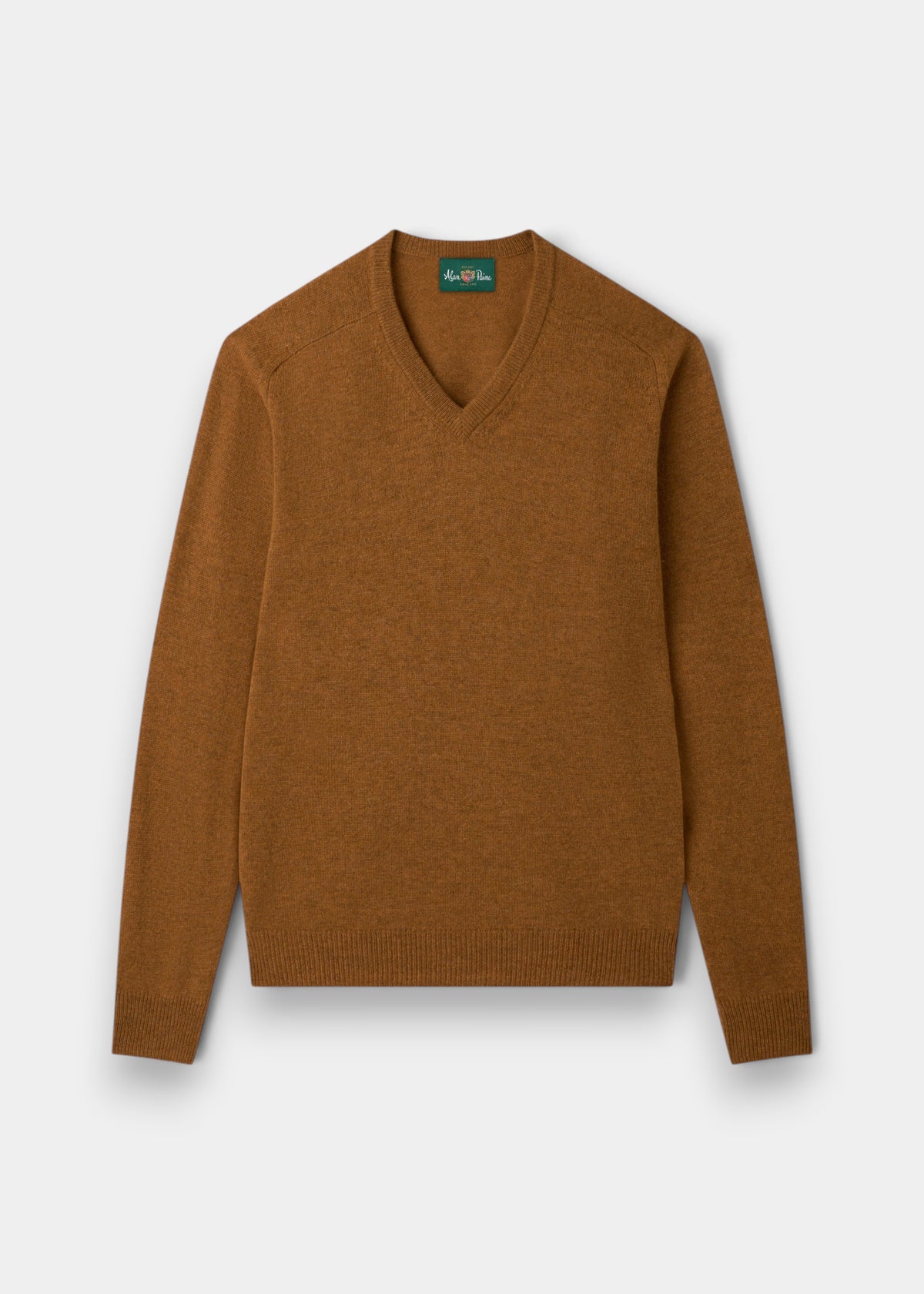Kilsyth Lambswool V-Neck Jumper in Gazelle, regular fit, made in England, shown flat on a light grey background.