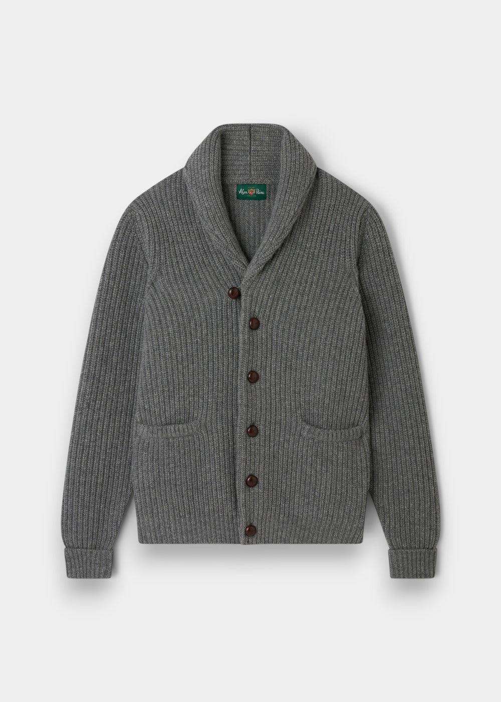 Alan Paine Usworth grey lambswool shawl collar cardigan with button front and ribbed knit texture