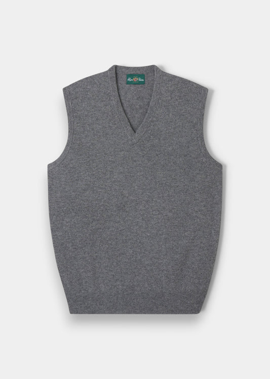 Alan Paine Norfolk men's grey mix lambswool v-neck slipover with a classic fit and ribbed hem