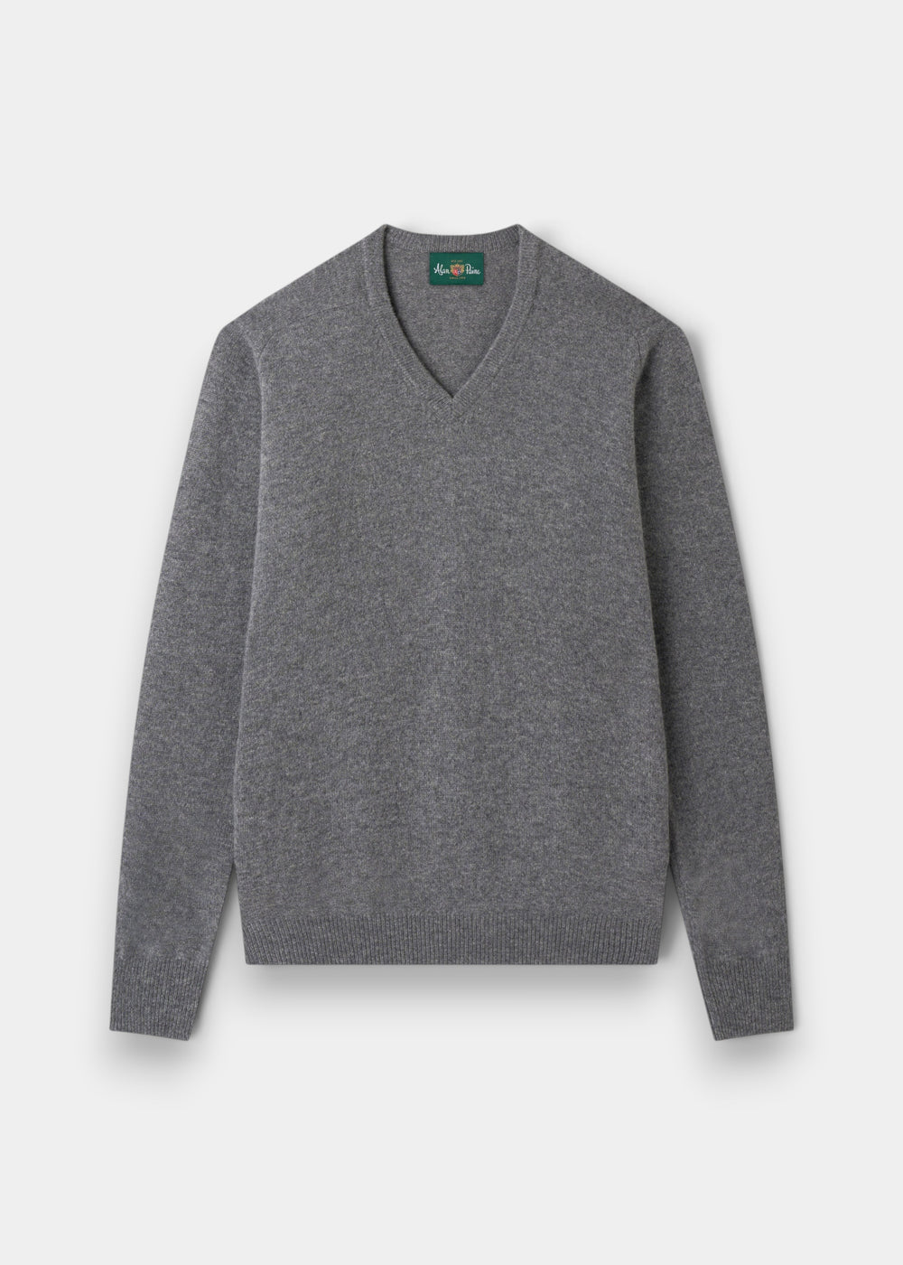 Alan Paine grey mix V-neck jumper in soft lambswool with a classic fit, saddle shoulders, and ribbed trim.