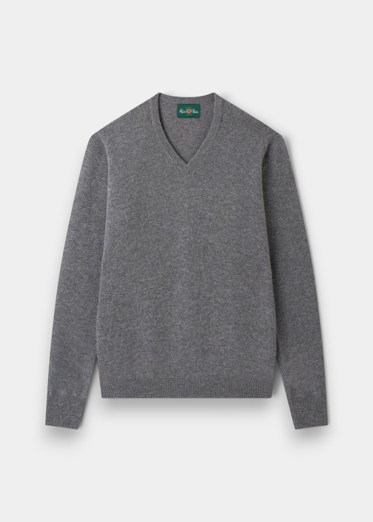 Alan Paine grey mix V-neck jumper in soft lambswool with a classic fit, saddle shoulders, and ribbed trim.
