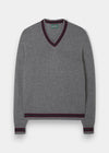 Limited Edition Commemorative Lambswool Sweater in Grey Mix with heritage trim, shown flat on white background.