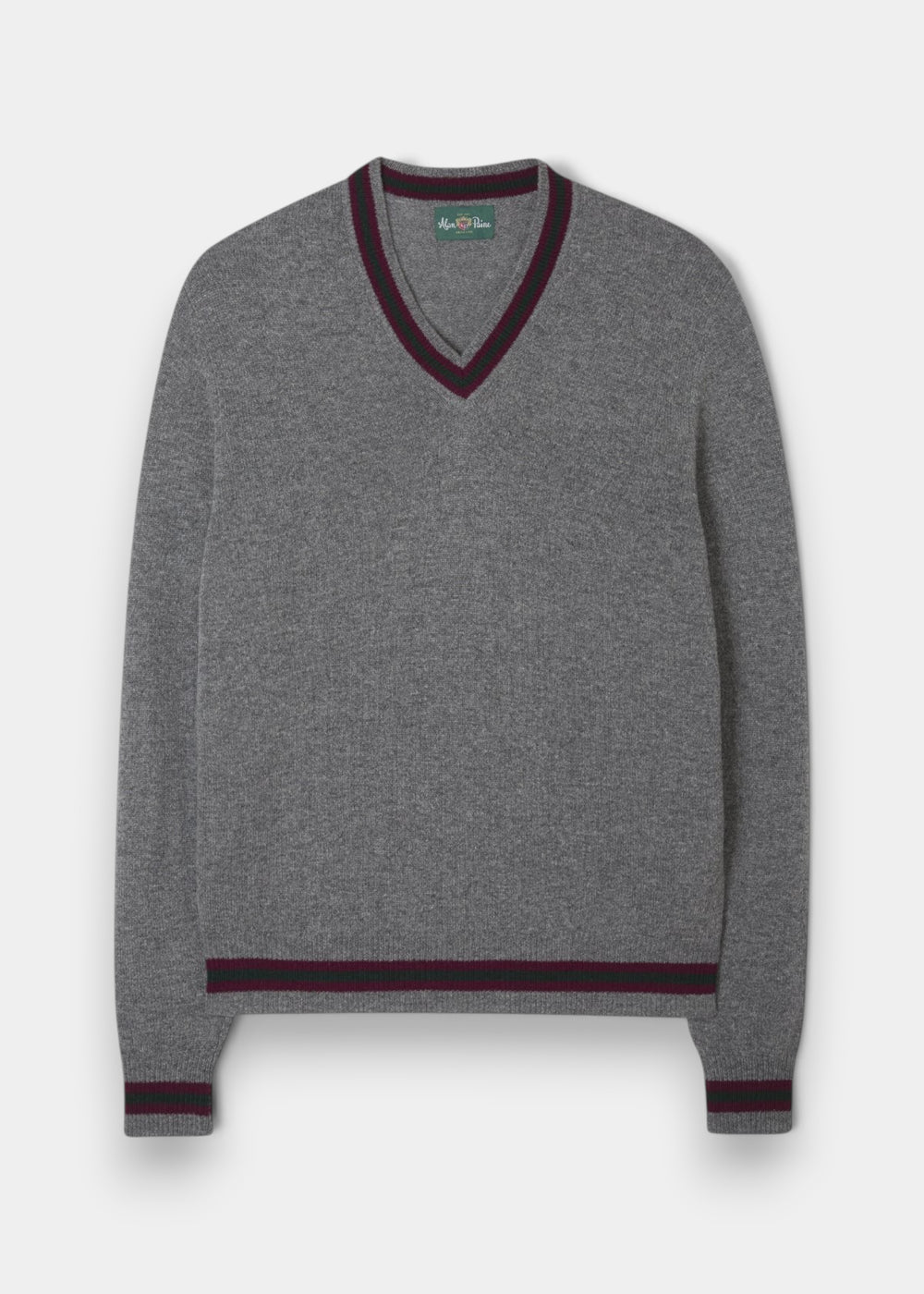 Limited Edition Commemorative Lambswool Sweater in Grey Mix with heritage trim, shown flat on white background.