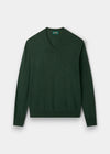 Alan Paine Millbreck hunter green v-neck jumper in fine Italian merino wool with ribbed hem and cuffs.