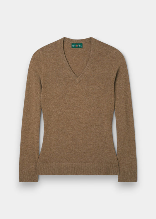 Alan Paine Isla ladies pecan brown V-neck jumper in a soft wool and cashmere blend with ribbed hem and cuffs.
