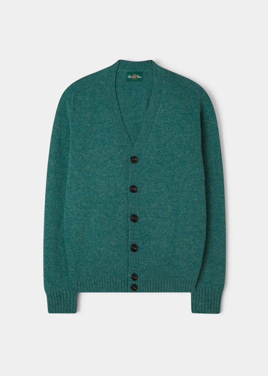 Kinloch Supersoft Shetland Wool V-Neck Cardigan in Kingfisher, regular fit, laid flat on white background.