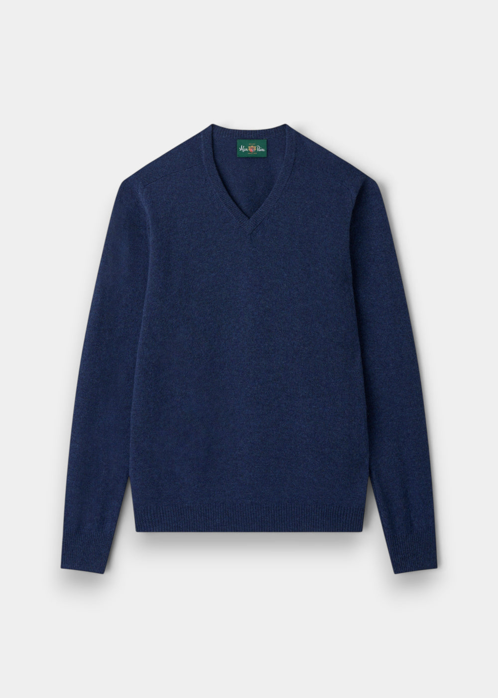 Alan Paine Hampshire lambswool V-neck jumper in rhapsody blue with saddle shoulder and ribbed cuffs.