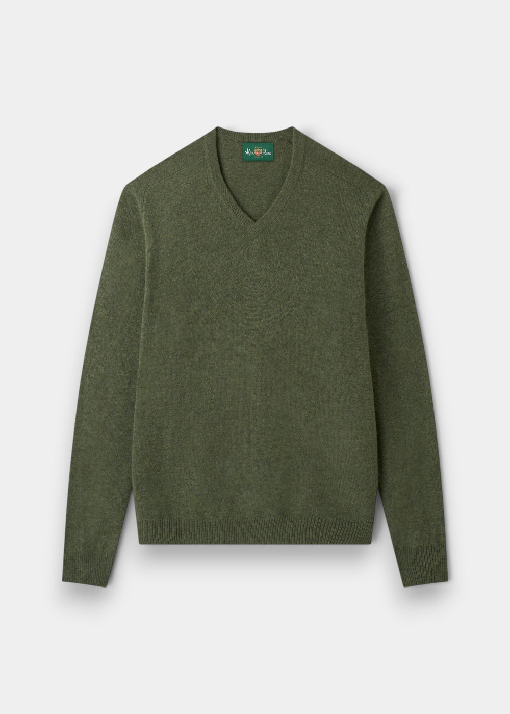 Alan Paine Hampshire lambswool V-neck jumper in landscape green with a classic fit and ribbed cuffs and hem.