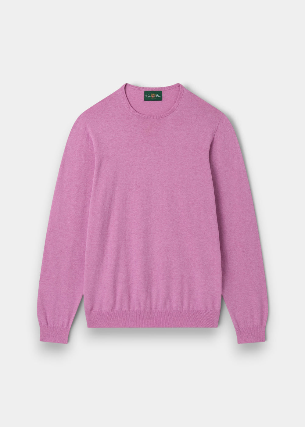 Alan Paine men's lavender crew neck jumper in a soft Pima cotton, silk, and cashmere blend with ribbed cuffs and hem.