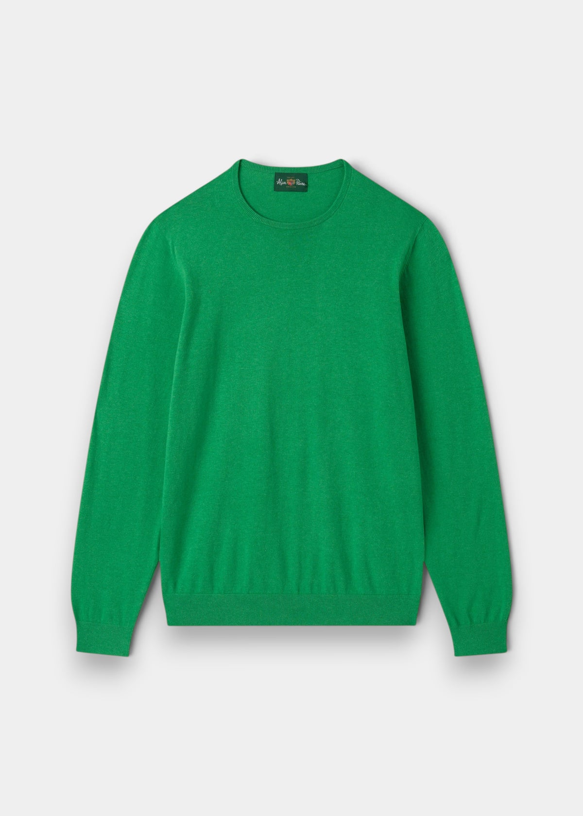 Alan Paine men's luxury leaf green crew neck jumper in a soft pima cotton, silk, and cashmere blend.