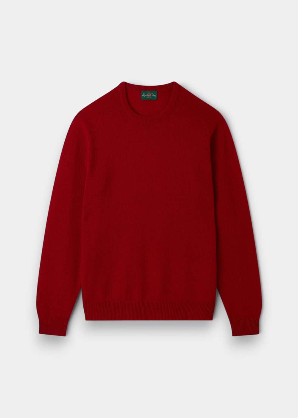 Alan Paine Lenzie men's crew neck jumper in deep red dubonnet lambswool with saddle shoulder and ribbed hem