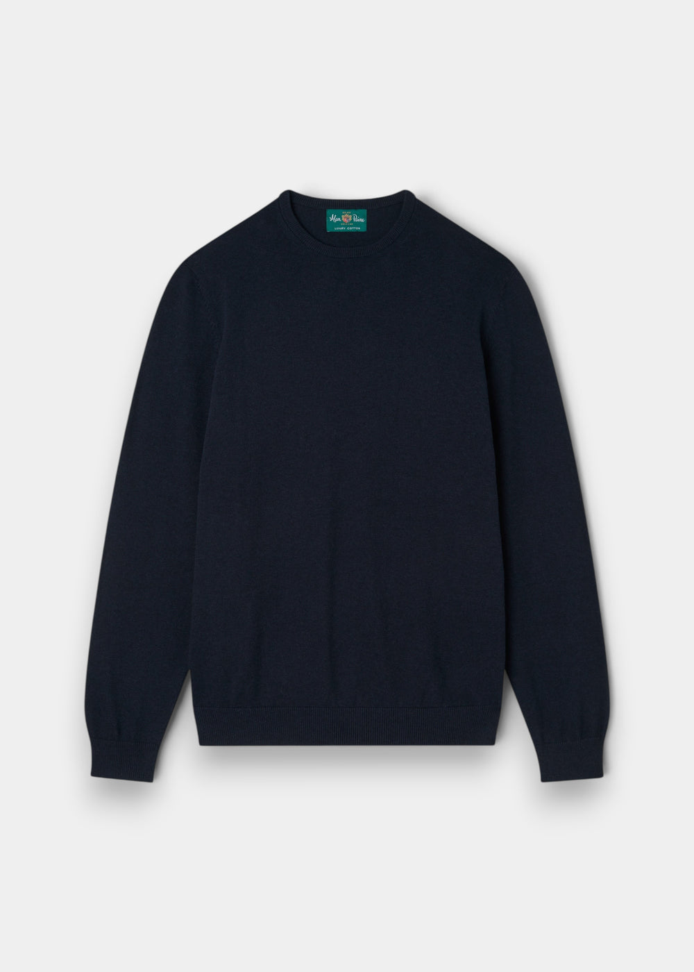 Alan Paine Leysmill dark navy crew neck jumper made from a soft Pima cotton and cashmere blend with ribbed trim.