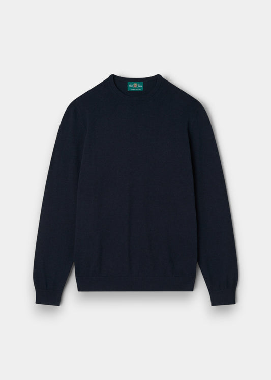 Alan Paine Leysmill dark navy crew neck jumper made from a soft Pima cotton and cashmere blend with ribbed trim.