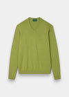 Alan Paine Rothwell v-neck jumper in lichen green, crafted from a soft Pima cotton and cashmere blend.