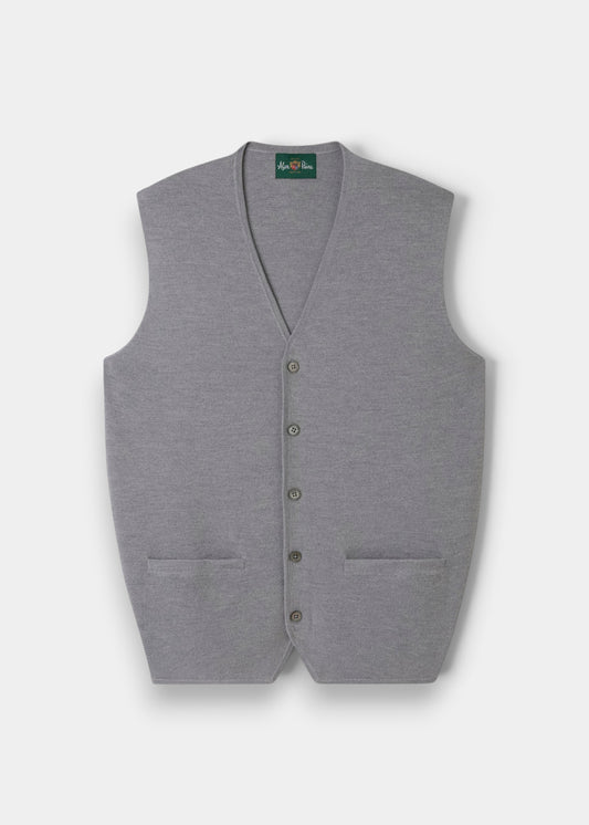 Alan Paine Thornley light grey merino wool tailored waistcoat with a V-neck and button-up front.