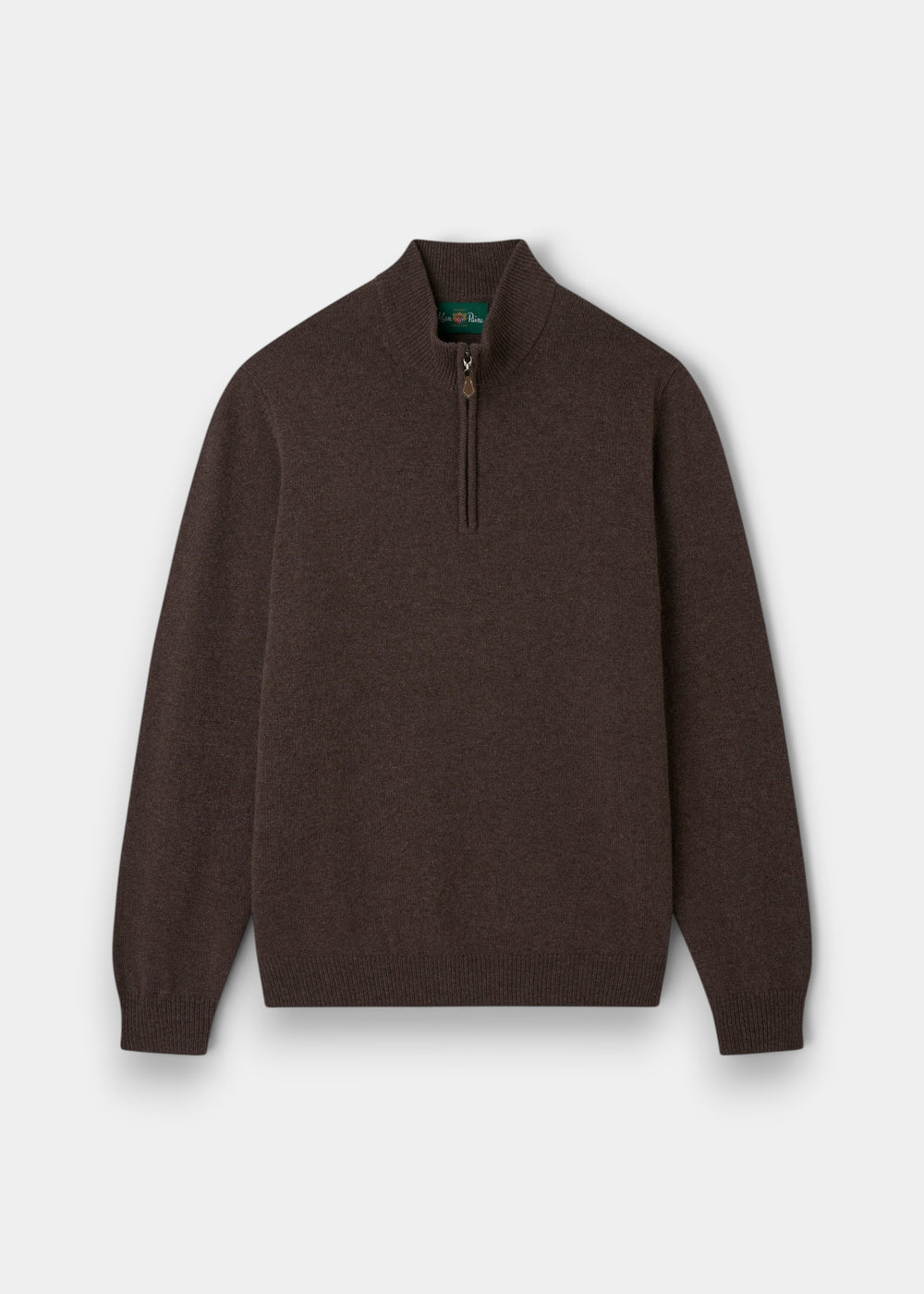 Alan Paine mocha brown lambswool quarter zip jumper with a mock neck and ribbed cuffs in a regular fit.