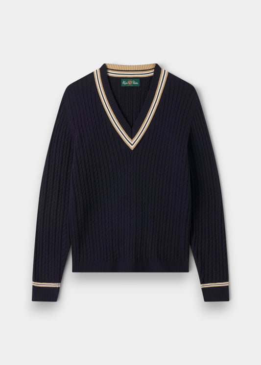 Alan Paine ladies dark navy cable knit cricket jumper with pine nut and ecru V-neck trim in soft pure cotton