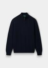 Alan Paine dark navy 100% cashmere jumper with a quarter zip mock neck and ribbed hem and cuffs.