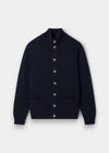 Landford Lambswool Buttoned Mock Neck Jumper in Navy, regular fit, with ribbed trim and two front pockets.