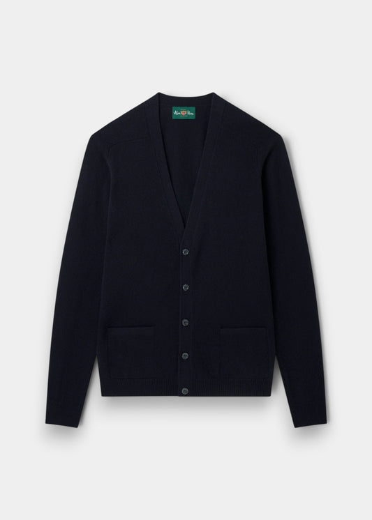 Alan Paine navy blue lambswool cardigan with a V-neck, five-button front, and two jetted pockets in a classic fit.