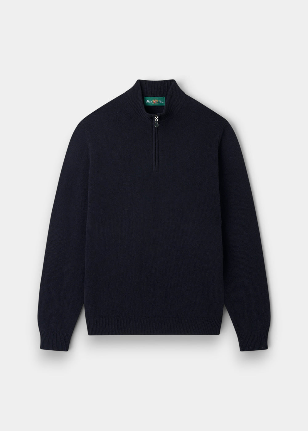 Sutherland Lambswool Quarter Zip Jumper in Navy: a navy blue lambswool quarter-zip sweater with a stand-up collar.