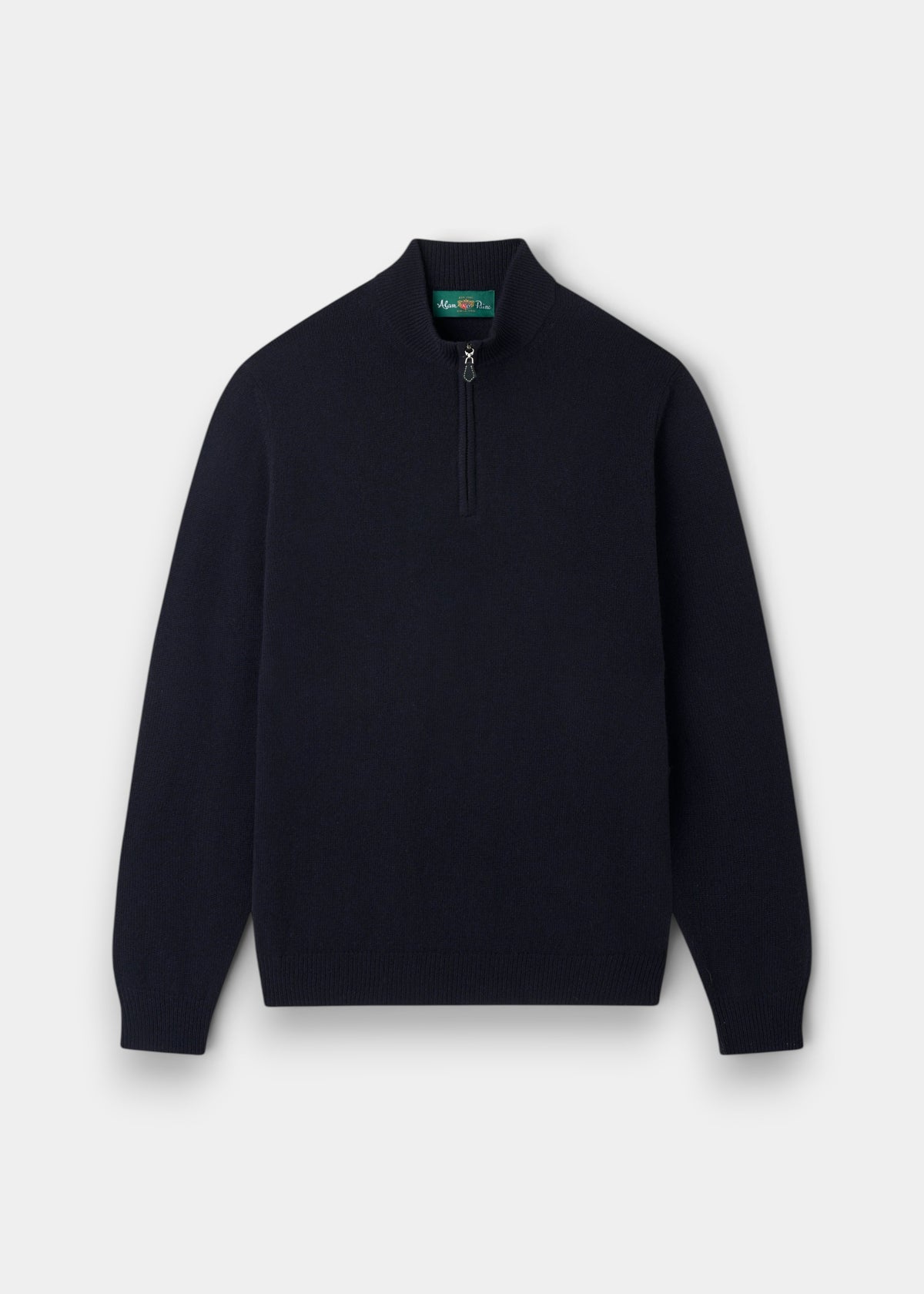 Sutherland Lambswool Quarter Zip Jumper in Navy: a navy blue lambswool quarter-zip sweater with a stand-up collar.