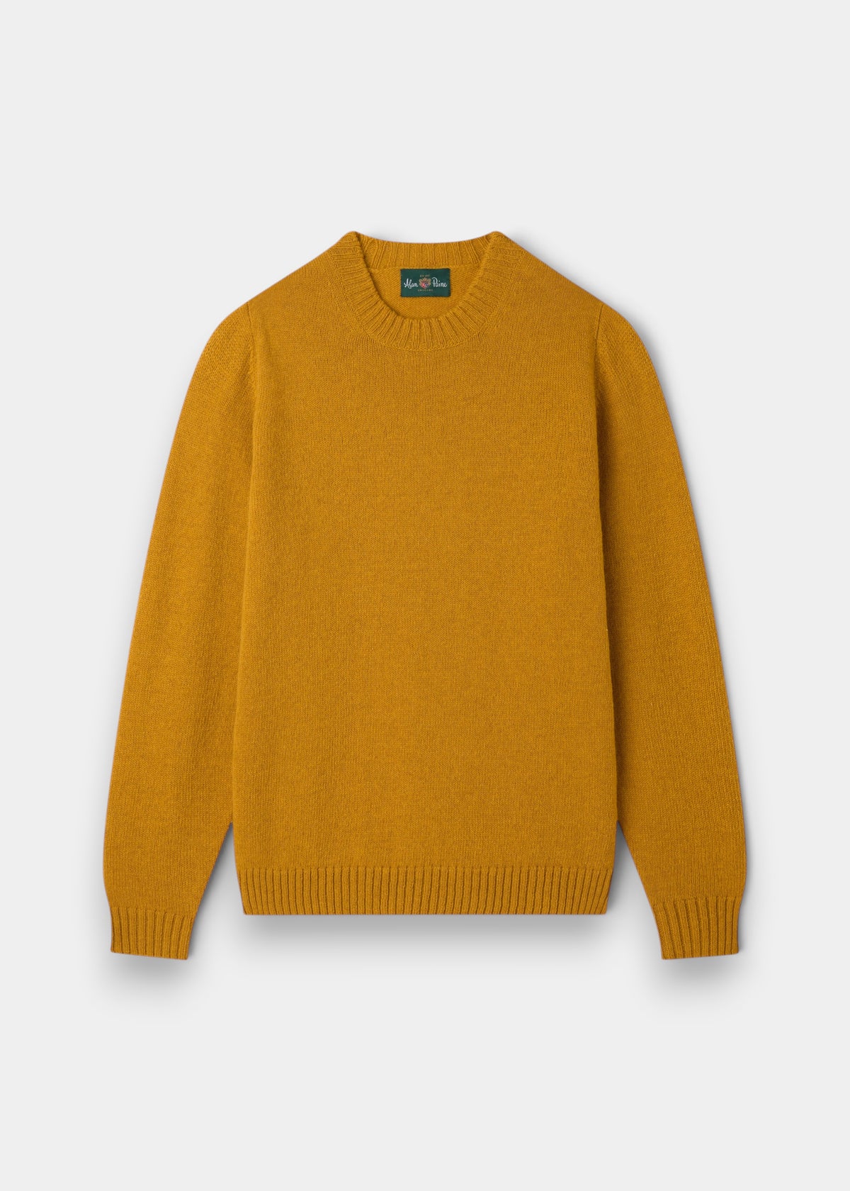 Kinnadie Supersoft Shetland Wool Crew Neck Jumper in Old Gold (Regular Fit) is laid flat on a white background.