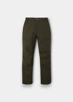 Dunswell Men’s Waterproof Trousers in olive with front pockets, belt loops, and button closure on white background.