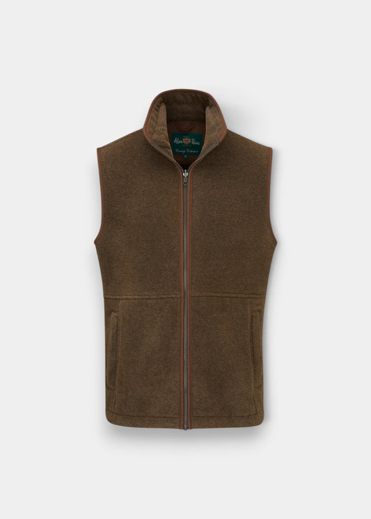 Alan Paine children's pecan brown fleece waistcoat with mock suede trim, front zip, and adjustable waist.