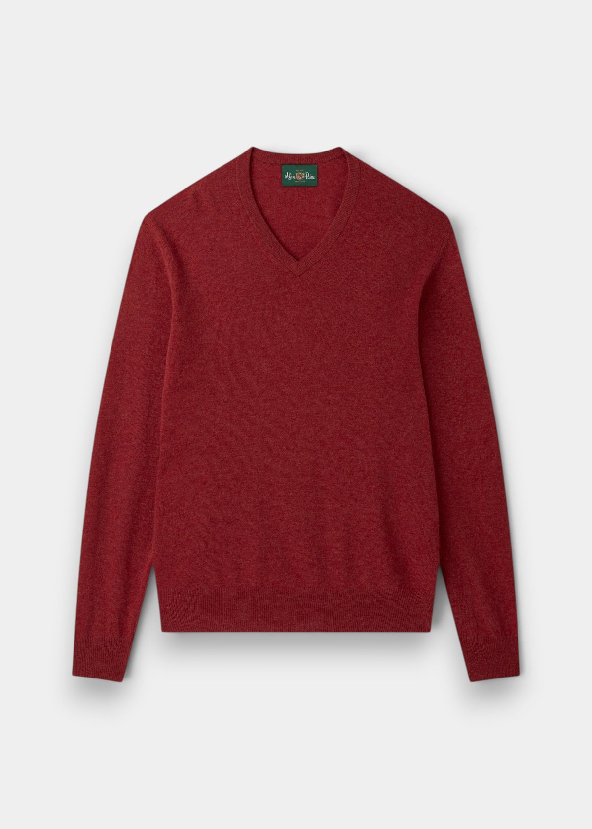 The Albury Geelong Wool V-Neck Jumper in Poppy Melange is displayed flat on a light gray background.