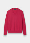 Alan Paine Rothwell raspberry v-neck jumper in a soft Pima cotton and cashmere blend with ribbed hem and cuffs.