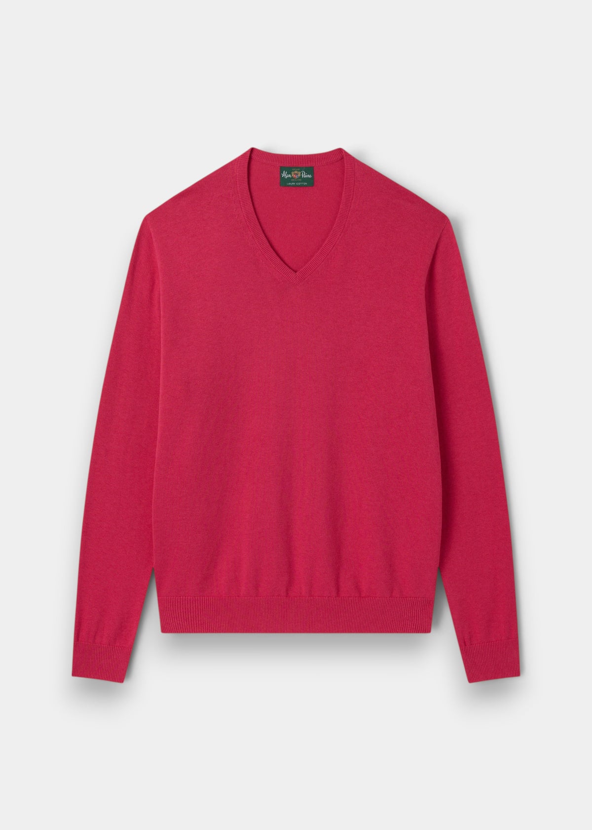 Alan Paine Rothwell raspberry v-neck jumper in a soft Pima cotton and cashmere blend with ribbed hem and cuffs.
